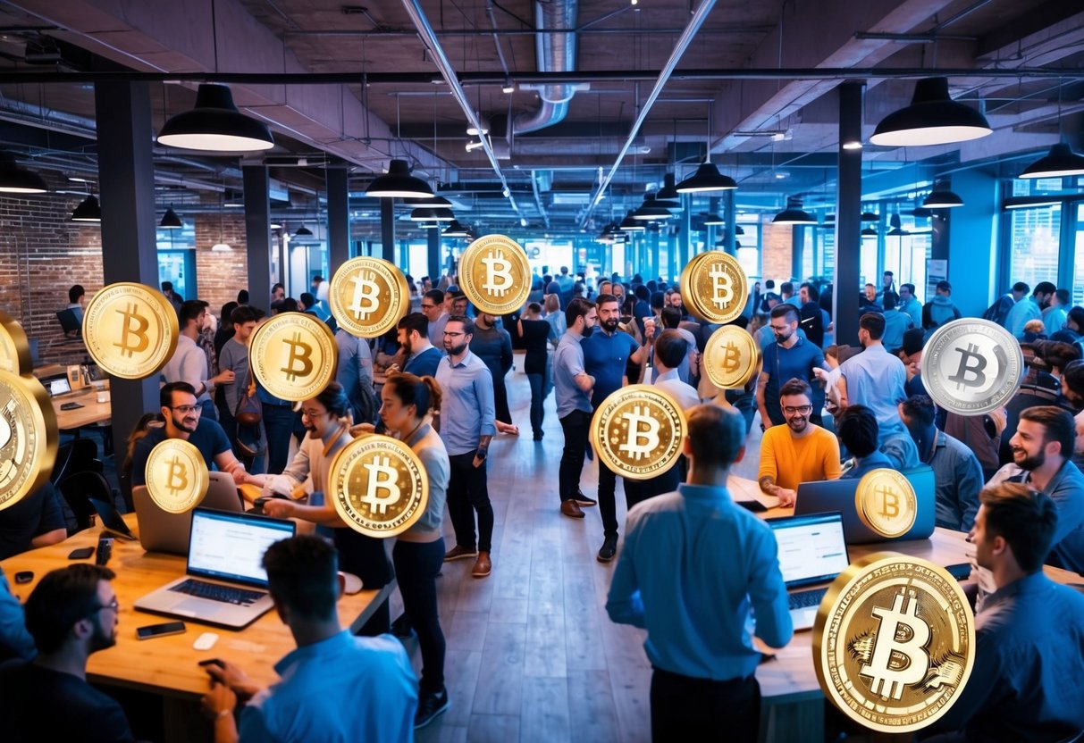 A bustling marketplace of digital currency enthusiasts, exchanging ideas and codes in a vibrant crypto community