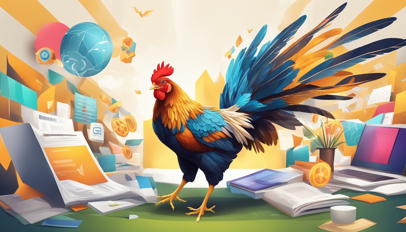 A vibrant chicken with outstretched wings surrounded by various marketing materials and symbols of growth and expansion