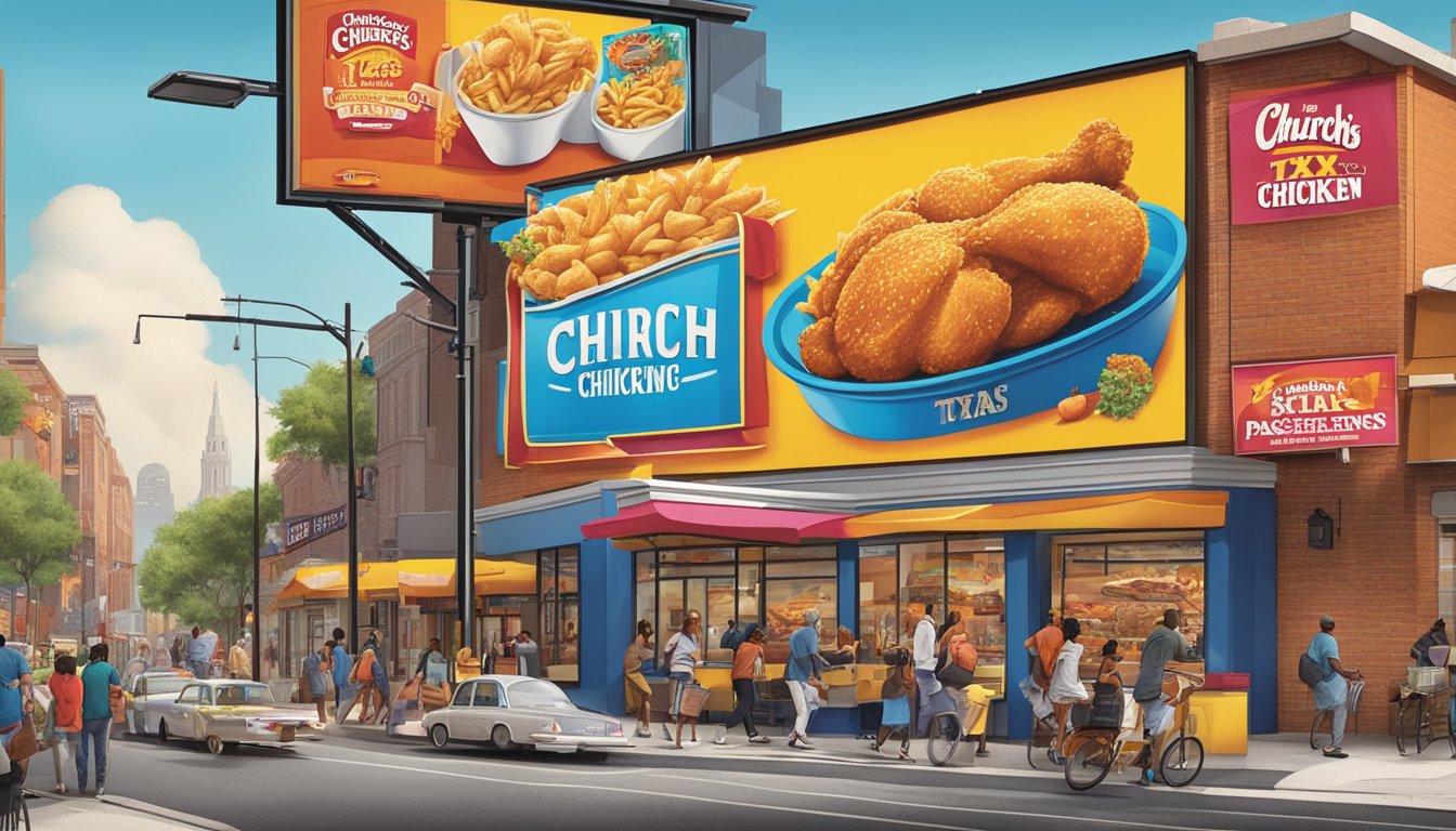 A bustling city street with a large, vibrant billboard showcasing the evolution of Church's Texas Chicken's marketing strategies over the years. Vibrant colors and bold imagery catch the attention of passersby