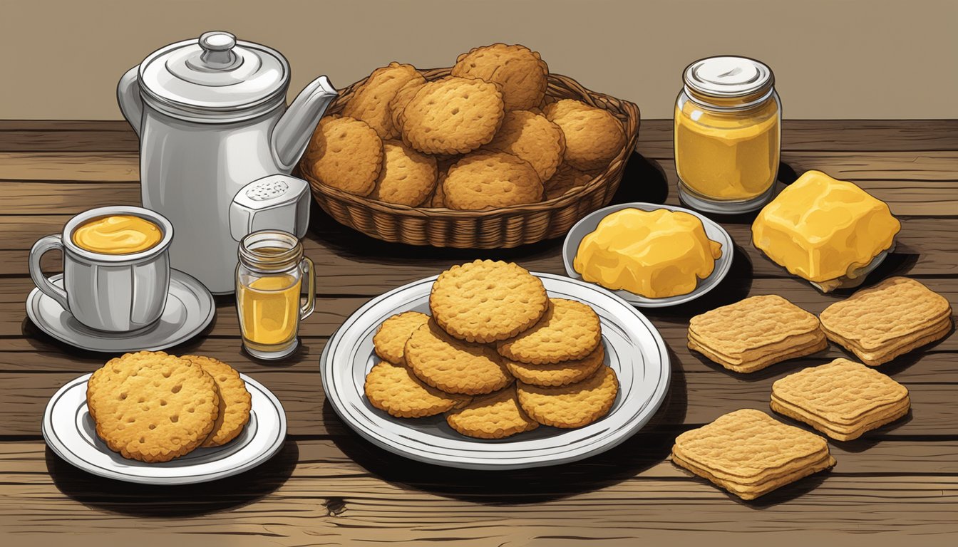 A rustic wooden table with a basket of golden honey-butter biscuits, surrounded by images of Church's Chicken's history and origins