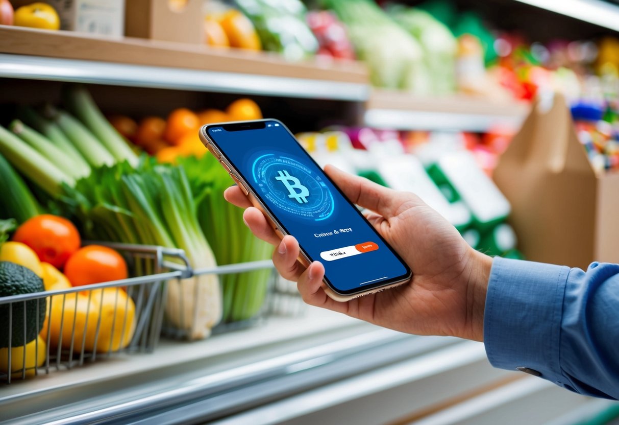 A person at a grocery store using a smartphone to pay for groceries with a cryptocurrency app