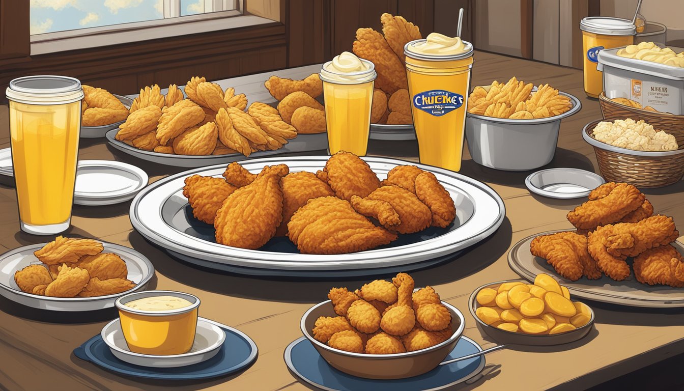 A table set with a tray of golden honey-butter biscuits, a bucket of crispy fried chicken, and various sides, all adorned with the Church's Texas Chicken logo