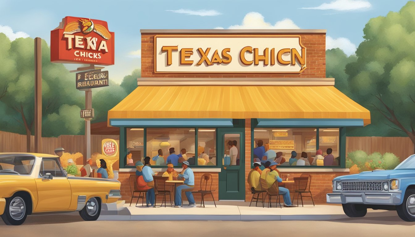 A bustling Texas Chicken restaurant with a warm, inviting atmosphere. Customers eagerly line up for the famous honey-butter biscuits, while the aroma of fried chicken fills the air