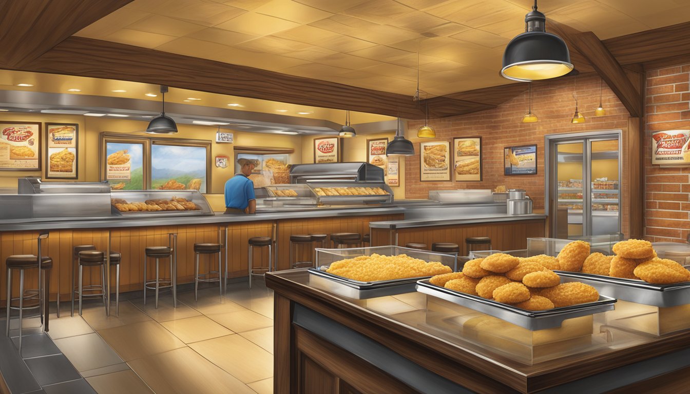 A bustling Church's Texas Chicken restaurant with a warm, inviting atmosphere. A display case showcases golden honey-butter biscuits alongside other savory menu items