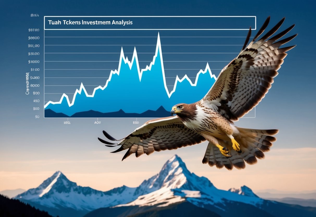 A hawk soaring above a mountain landscape, with a graph of the Tuah Token's investment analysis displayed in the sky