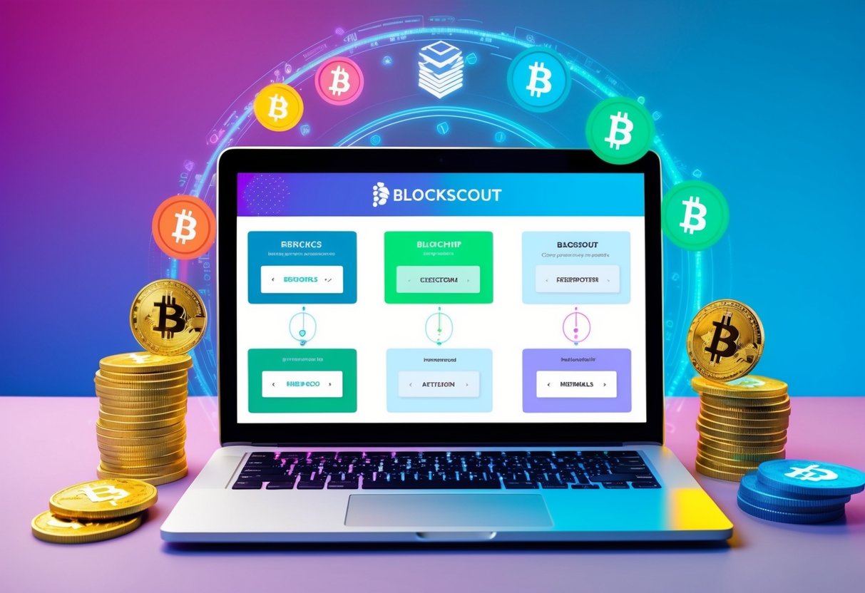 A colorful digital interface displaying a blockchain rewards and merits system with a Blockscout airdrop