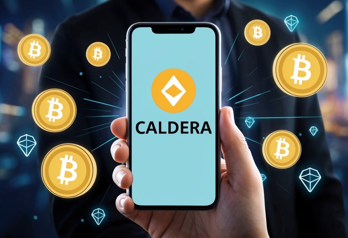 A person holding a smartphone with a caldera logo on the screen, surrounded by flying tokens and airdrop symbols