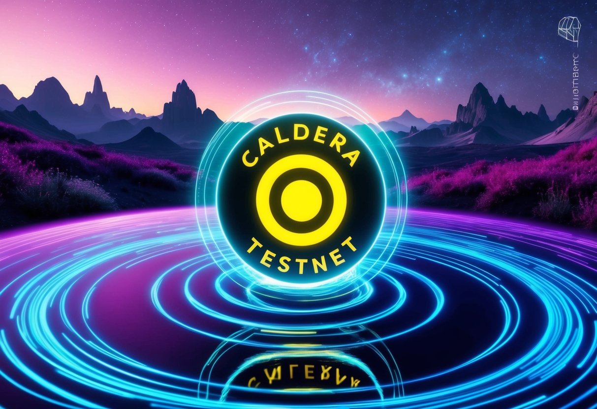 A vibrant, futuristic landscape with a glowing Caldera Testnet logo and a swirling vortex symbolizing the Caldera Airdrop