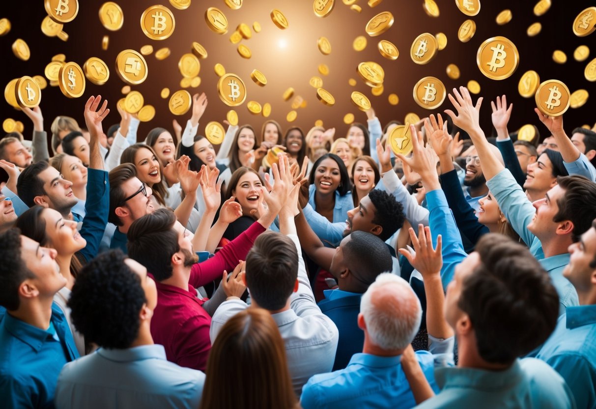 A crowd of diverse individuals eagerly reaching out towards falling tokens