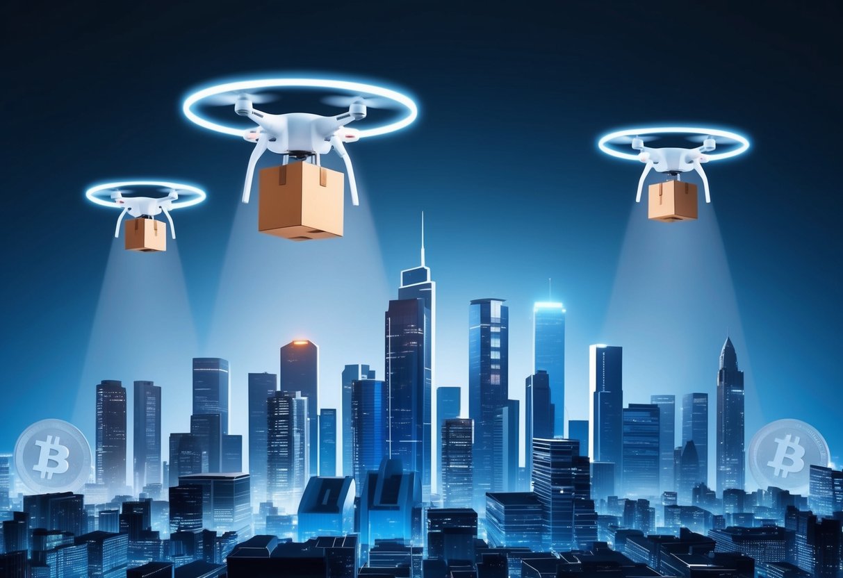 A futuristic city skyline with drones dropping packages onto rooftops