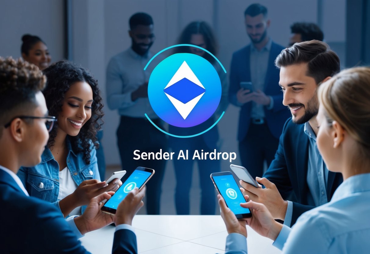 A group of diverse people interacting with smartphones, with a digital interface displaying the "Sender AI Airdrop" logo in the background