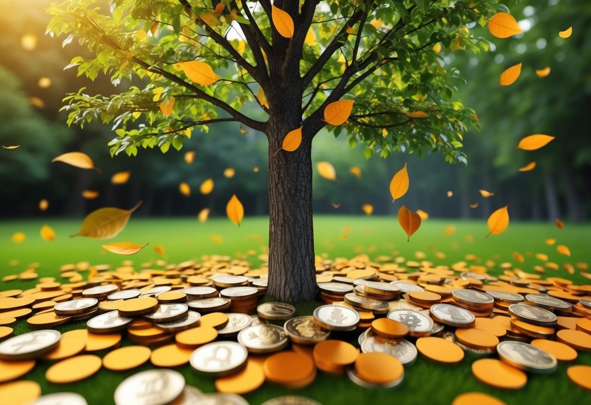 A tree shedding leaves with tokens scattered on the ground