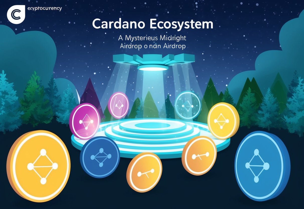 A vibrant Cardano Ecosystem with a mysterious midnight airdrop taking place under a starry sky