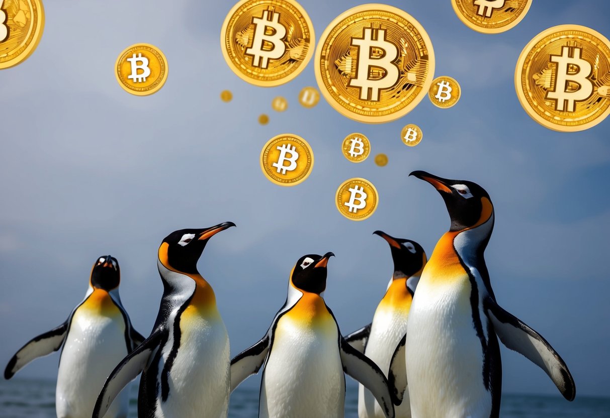 A group of penguins eagerly collecting Pengu Tokens from the air