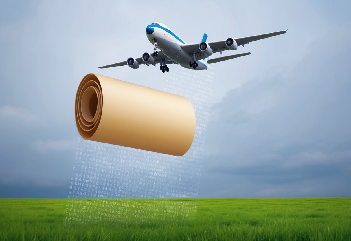 A cargo plane drops a large scroll from the sky onto a grassy field