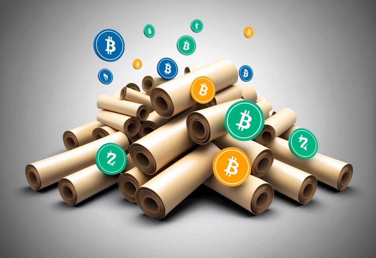 A pile of scrolls floating in the air, each containing different token symbols representing the tokenomics of the Scroll airdrop