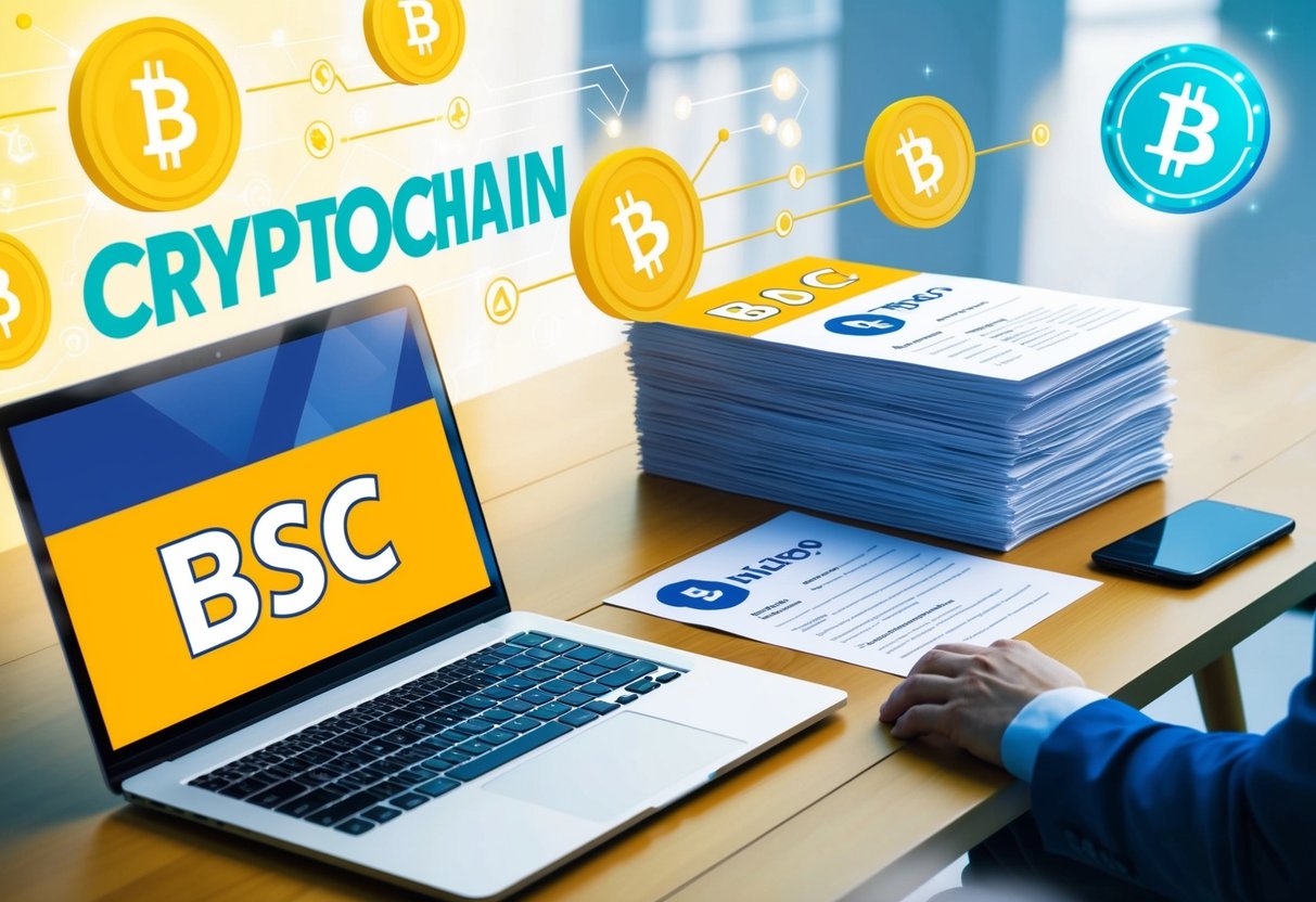 A table with a laptop, smartphone, and BSC logo. A stack of papers with airdrop details. Bright background with blockchain graphics