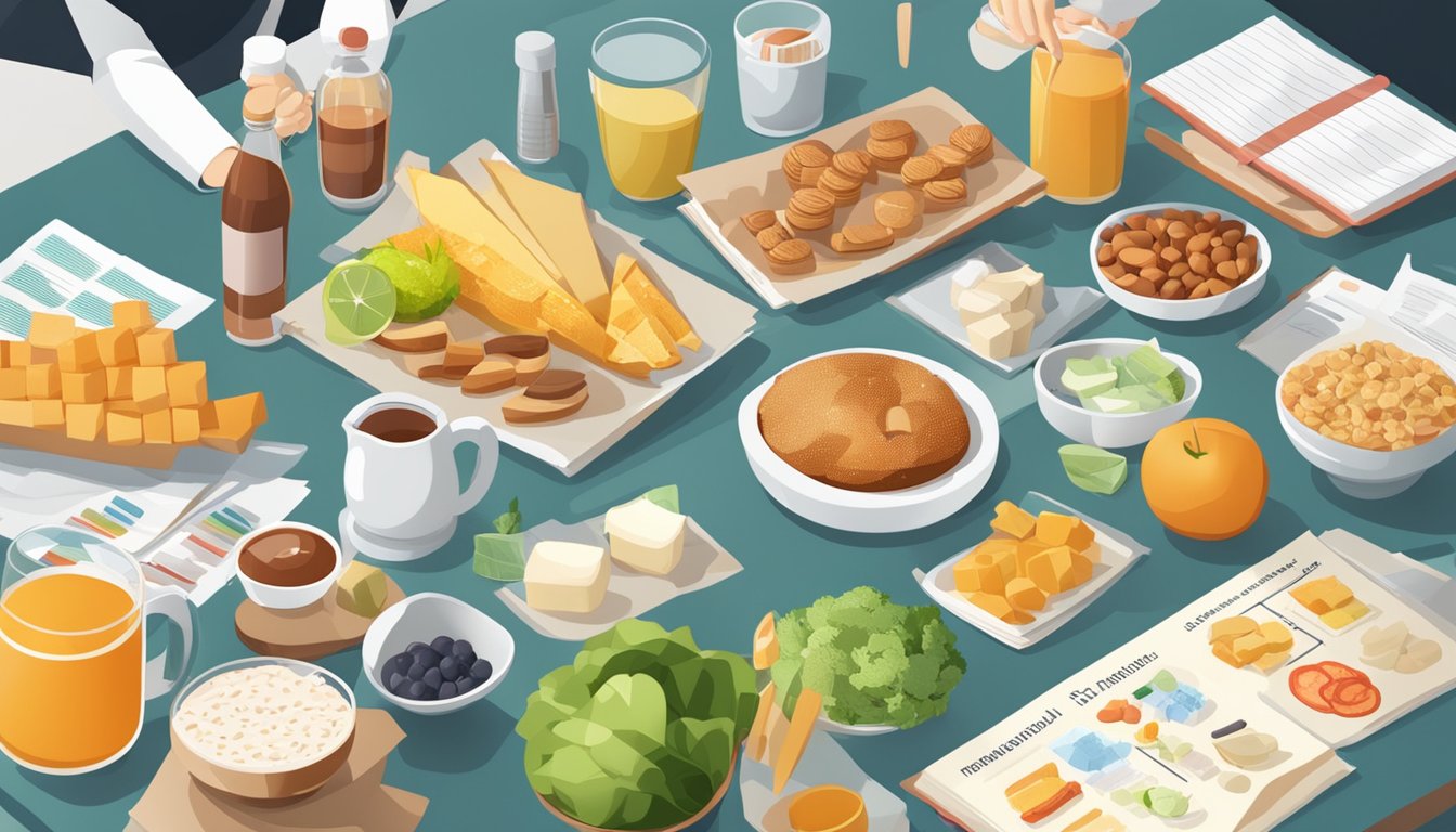 A table filled with various foods and drinks, some labeled as inflammatory or anti-inflammatory, surrounded by medical research papers and charts