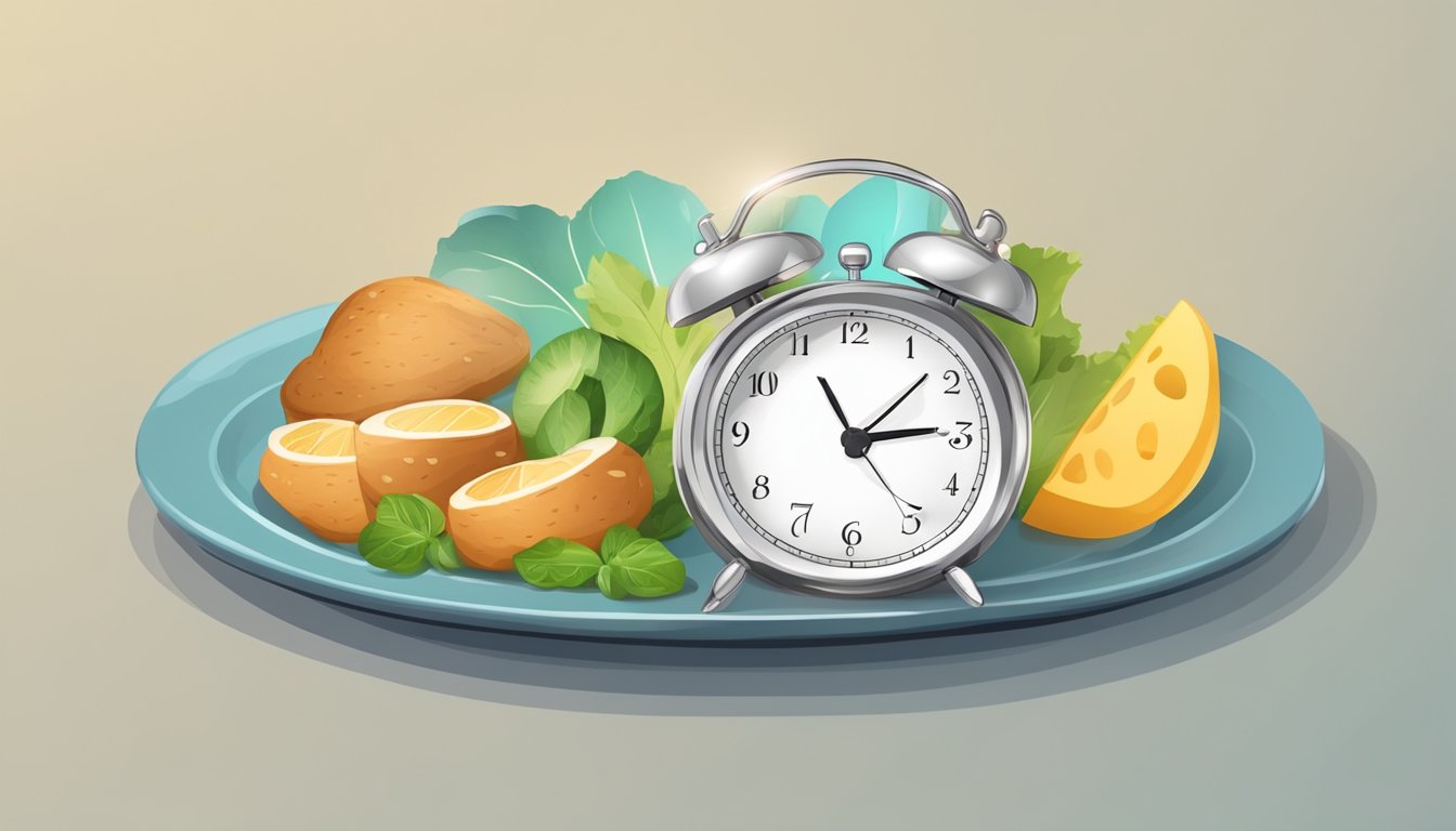 A clock with a plate of food next to it, showing the passage of time and the concept of intermittent fasting for weight loss