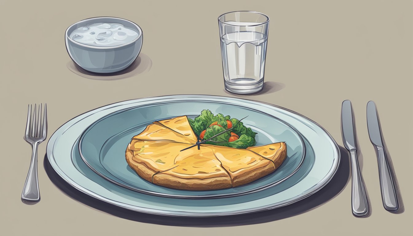 A clock with a plate of food and a glass of water next to it