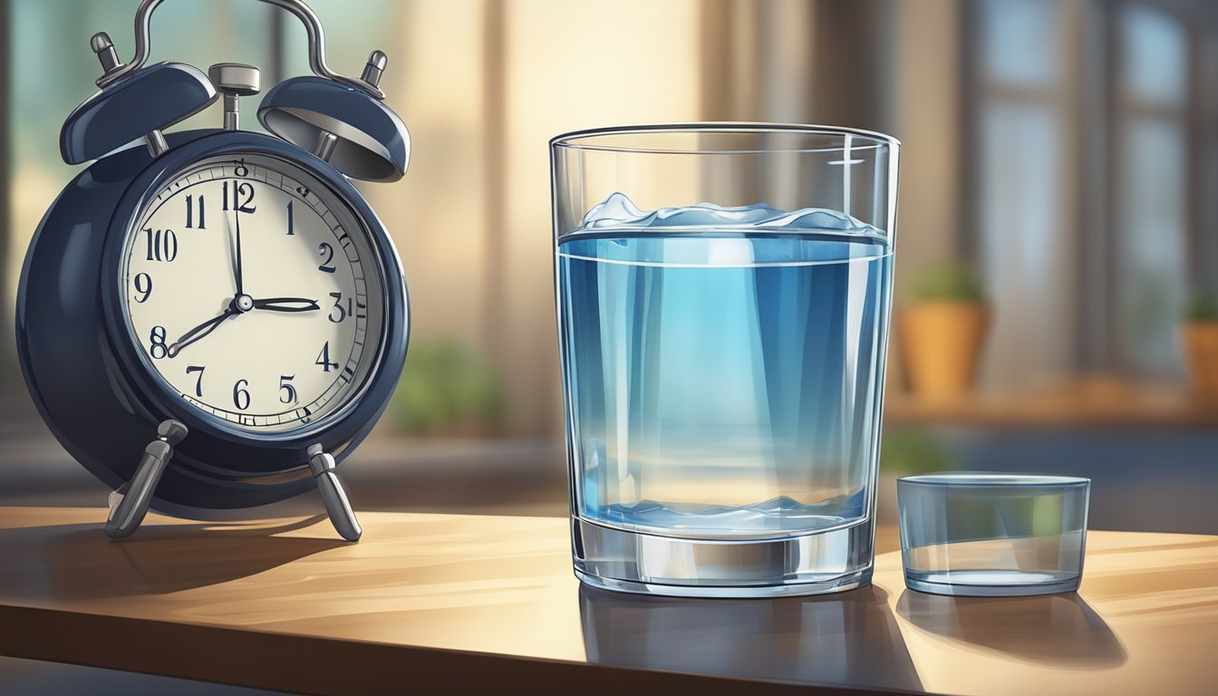 A glass of water sitting on a table next to a clock showing the time of day