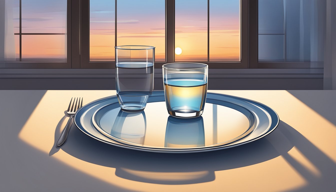 An empty plate surrounded by a glass of water, a clock, and a fading sunset through a window