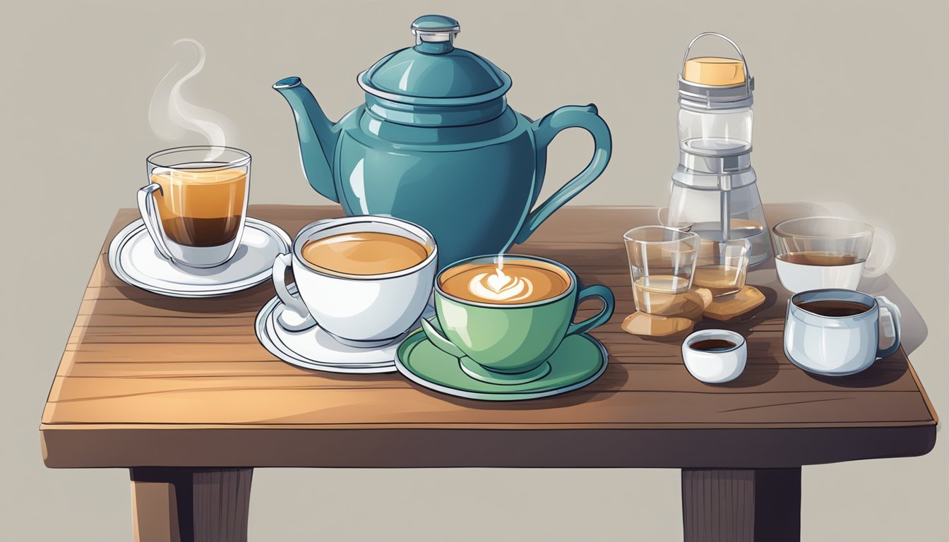 A table with water, coffee, and tea. A clock showing fasting hours