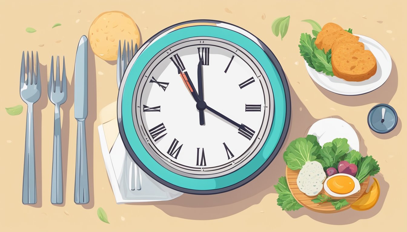 A clock showing different times of the day with a plate of food next to it, symbolizing intermittent fasting and its impact on cortisol levels