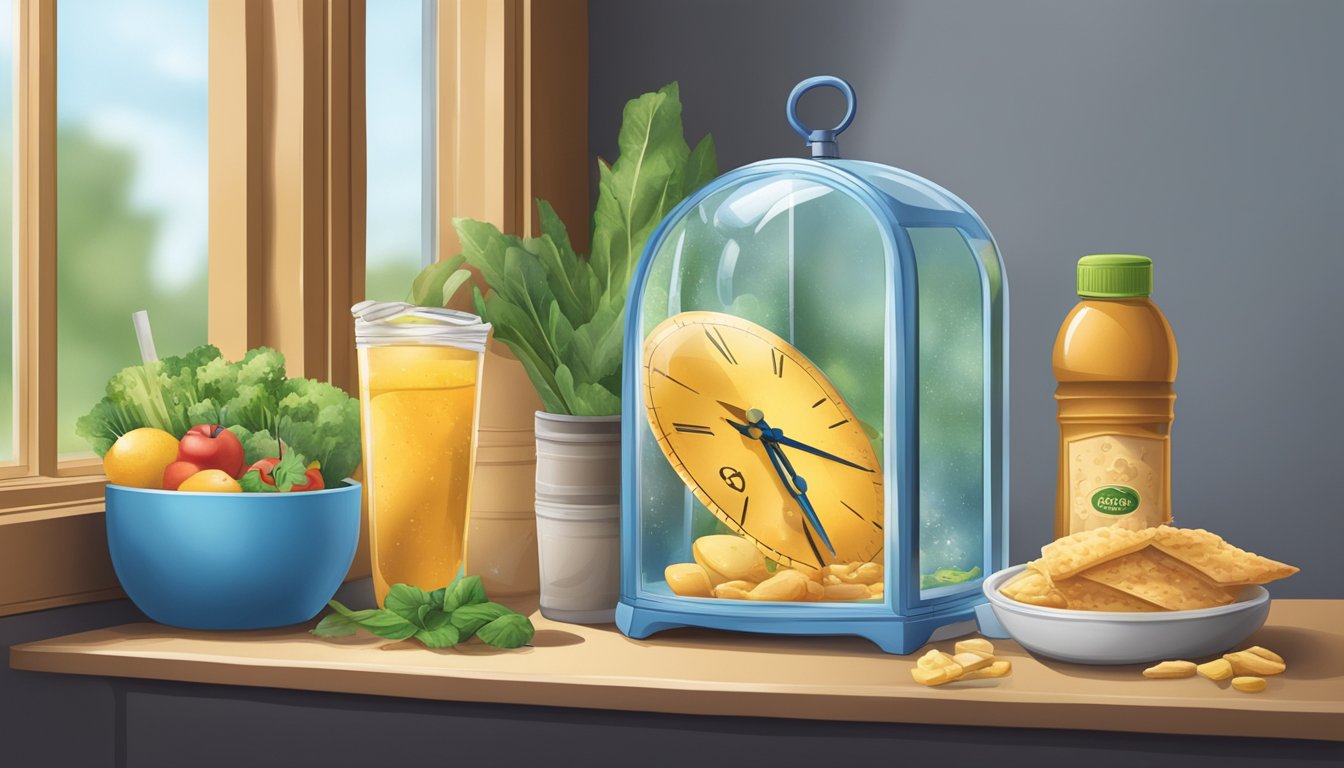 A clock with a water bottle and food items placed within an 8-hour window