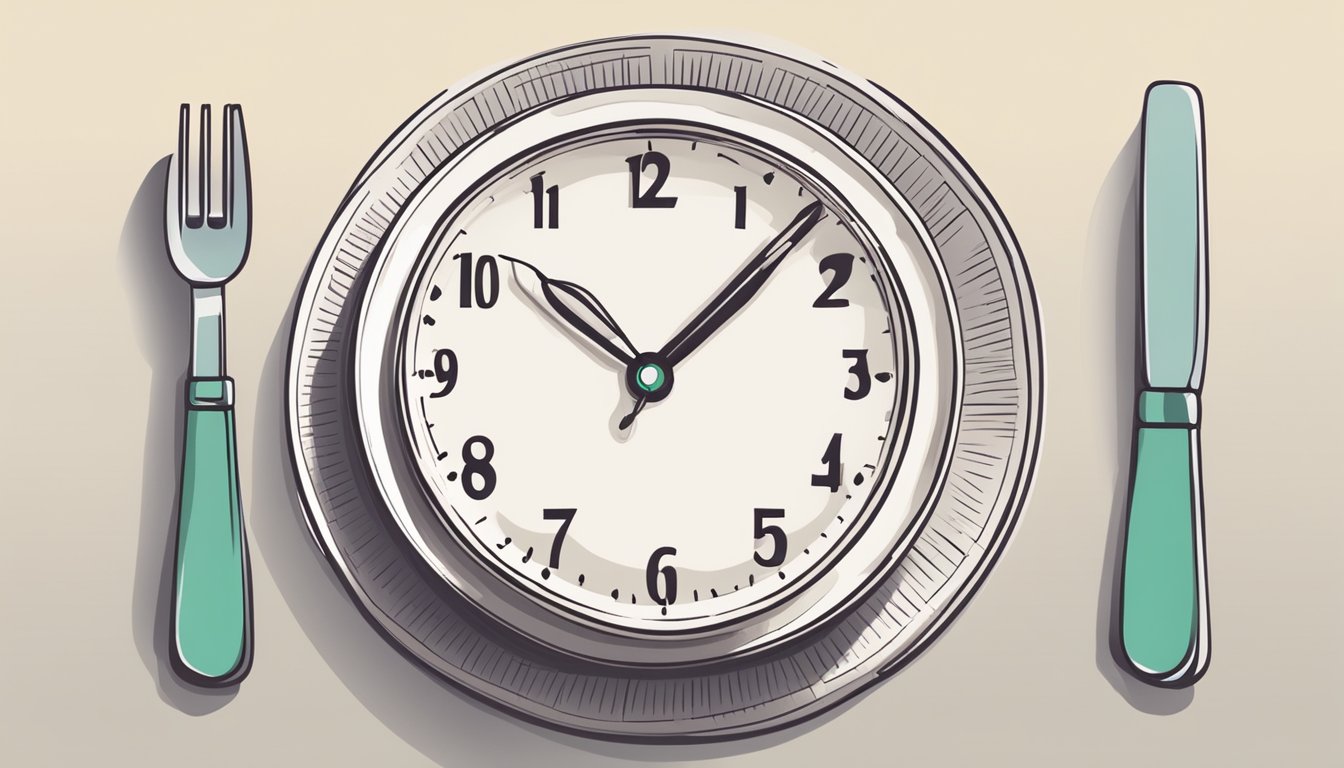 A clock with hands at 8 and 4, surrounded by a plate of food and an empty plate, symbolizing intermittent fasting and its potential impact on cortisol levels