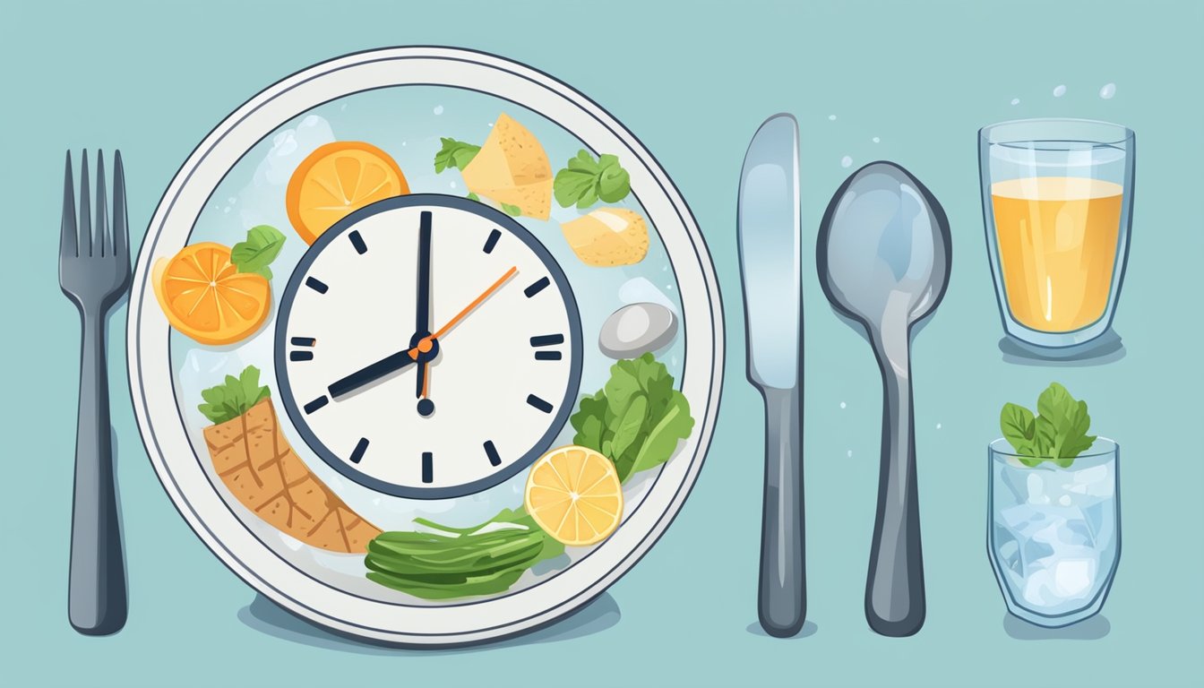 A clock showing different times of day with a glass of water and a plate of food, representing the concept of intermittent fasting