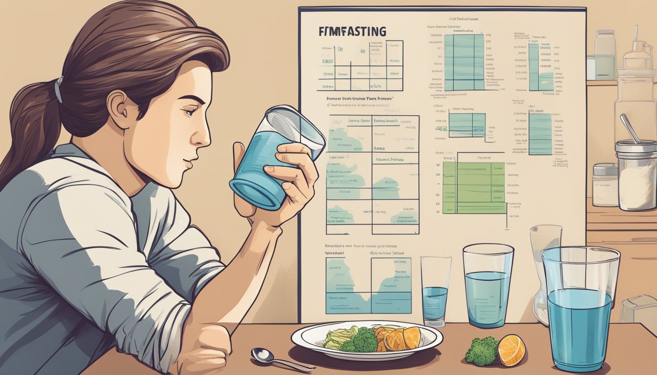 A person sipping water while looking at a chart of compatible foods for intermittent fasting