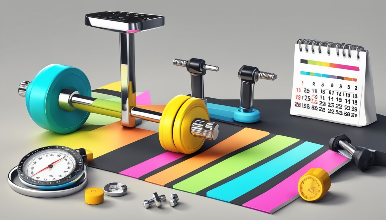 A scale surrounded by a tape measure and a set of dumbbells, with a stopwatch and a calendar in the background