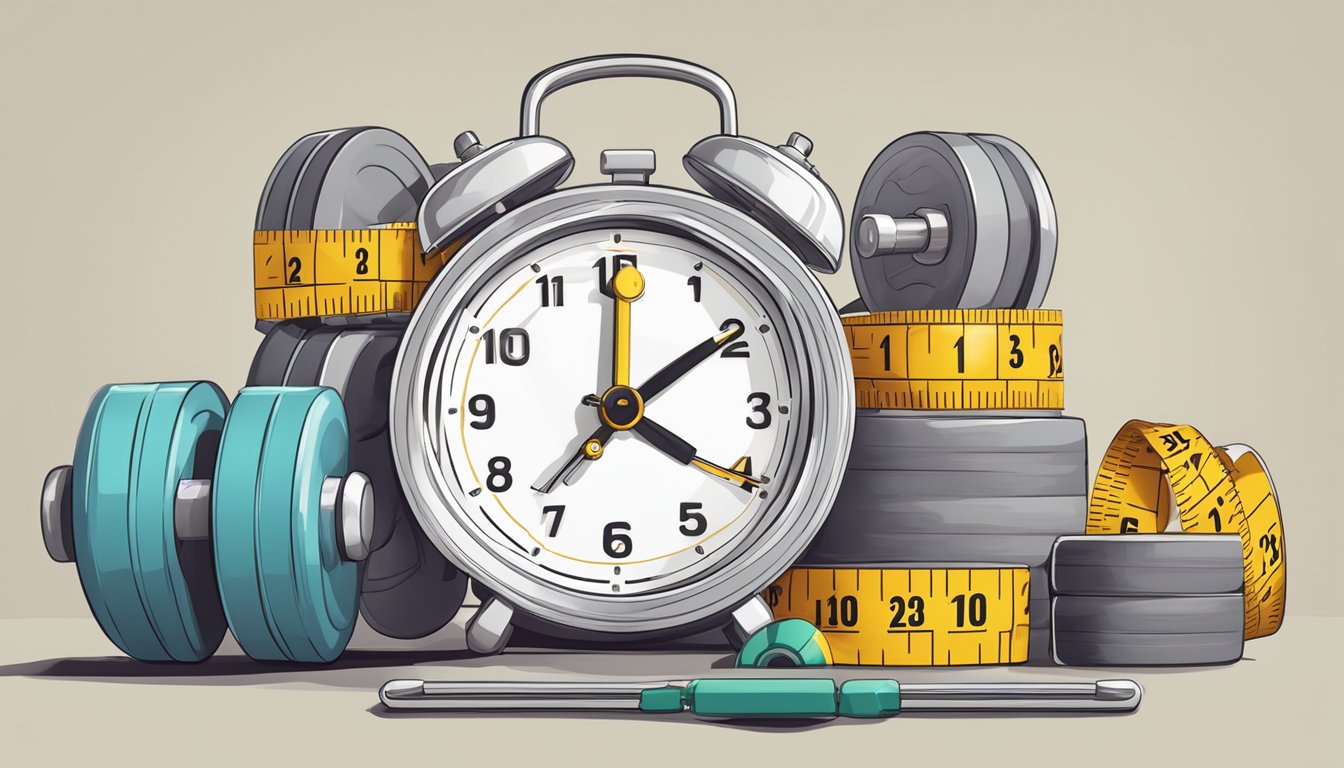 A clock with a restricted eating window, surrounded by weights and a measuring tape, symbolizing potential muscle loss from intermittent fasting