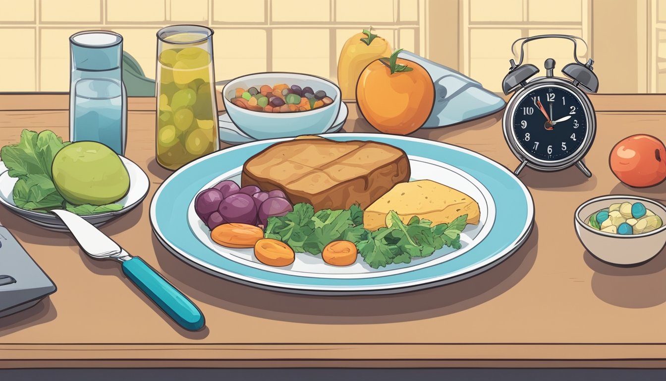 A kitchen table with a plate of food, a clock showing a specific time, and a blood sugar monitor with a reading