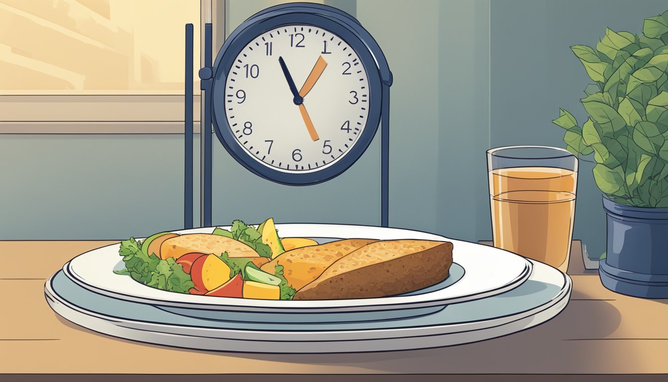 A plate of food sits untouched next to a clock showing a 16-hour fasting window. A1C chart in background shows downward trend