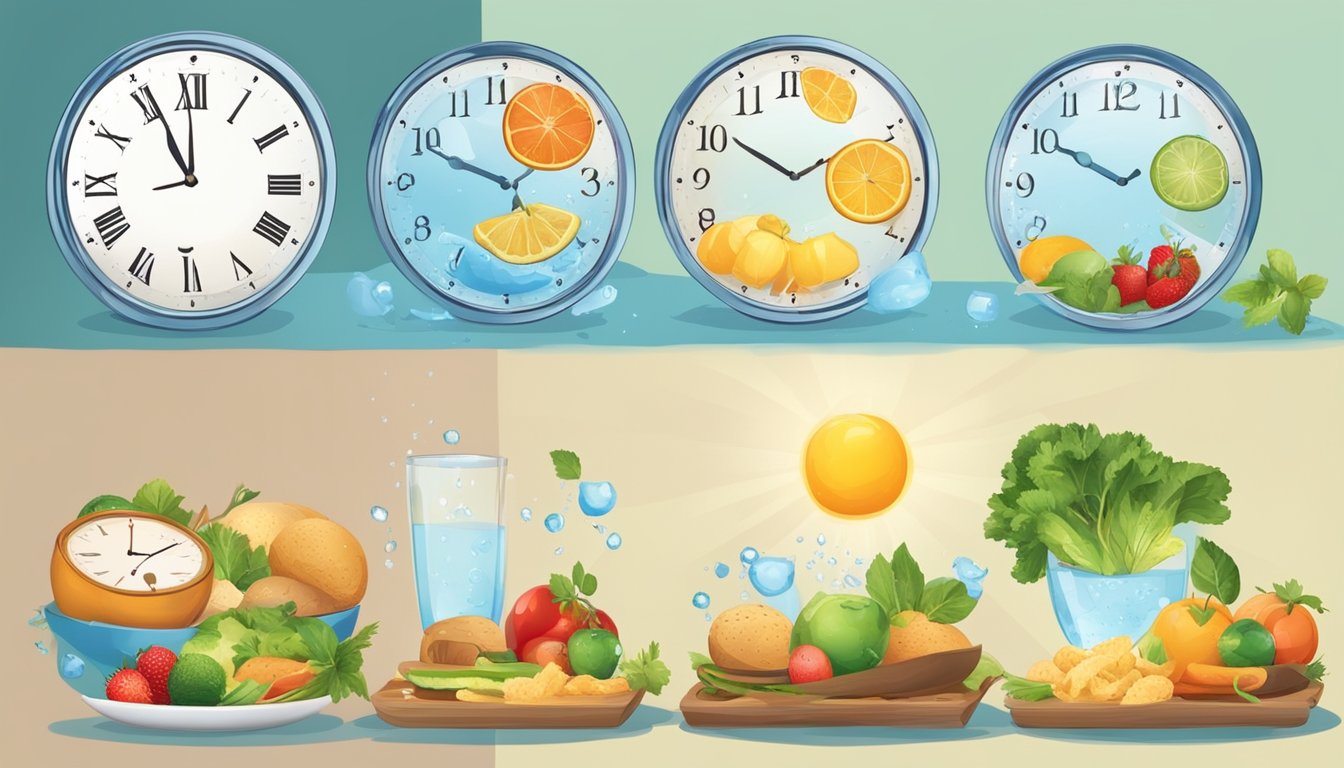 A clock showing different times of day with food and water present