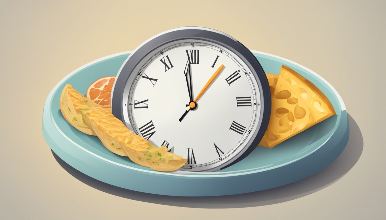 A clock with a plate of food on one side and an empty plate on the other, symbolizing the concept of intermittent fasting and its potential impact on body composition