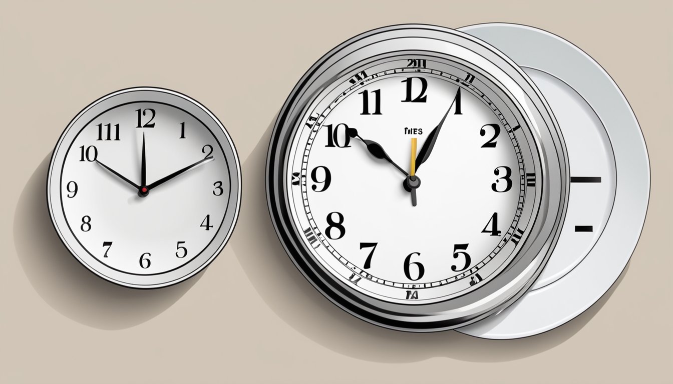 A clock showing different times throughout the day with an empty plate and a full plate next to it