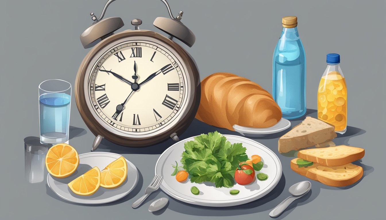 A clock with an empty plate at midnight, surrounded by various foods and a bottle of water