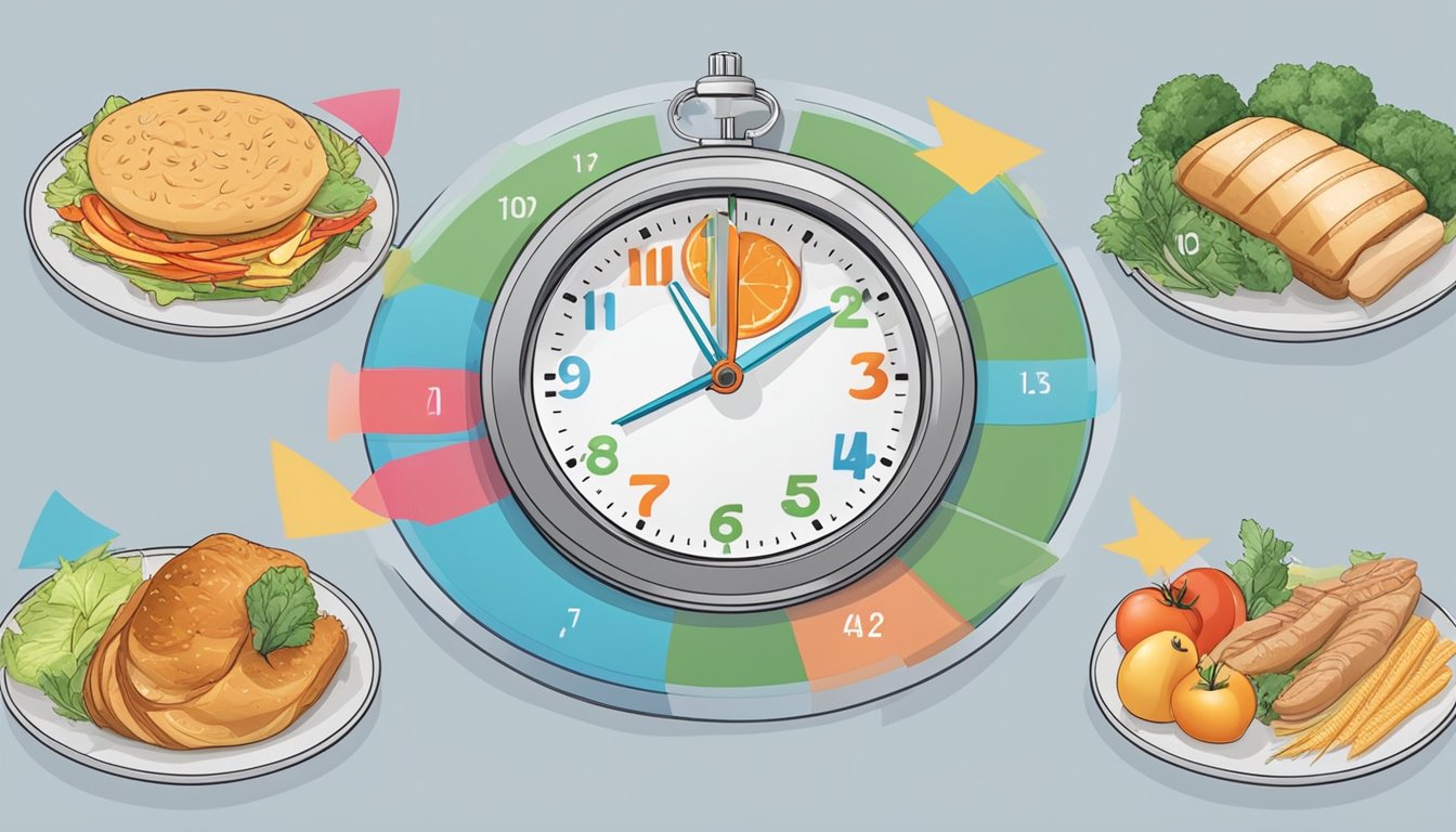 A clock showing different times of day with a plate of food in front, then a digestive system with arrows showing movement