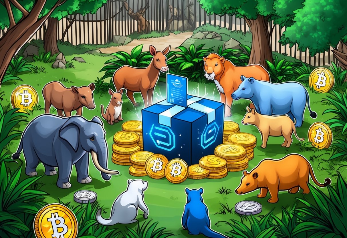 A colorful zoo landscape with animals gathered around a mysterious airdrop package, surrounded by riddles and curious onlookers