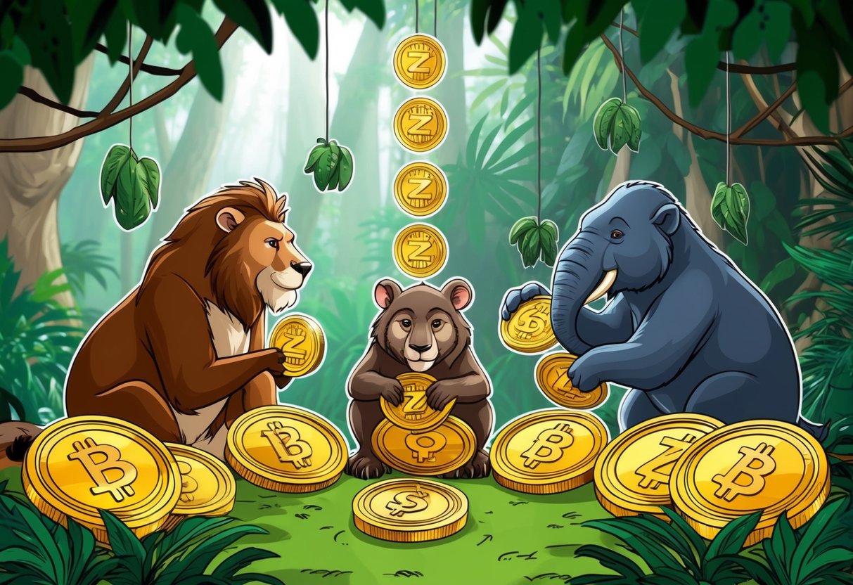 A jungle scene with animals collecting and using $ZOO tokens for a riddle of the day challenge