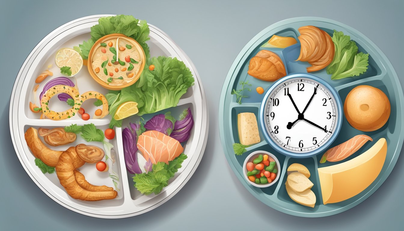 A clock showing different eating times, a plate of food, and a digestive system diagram