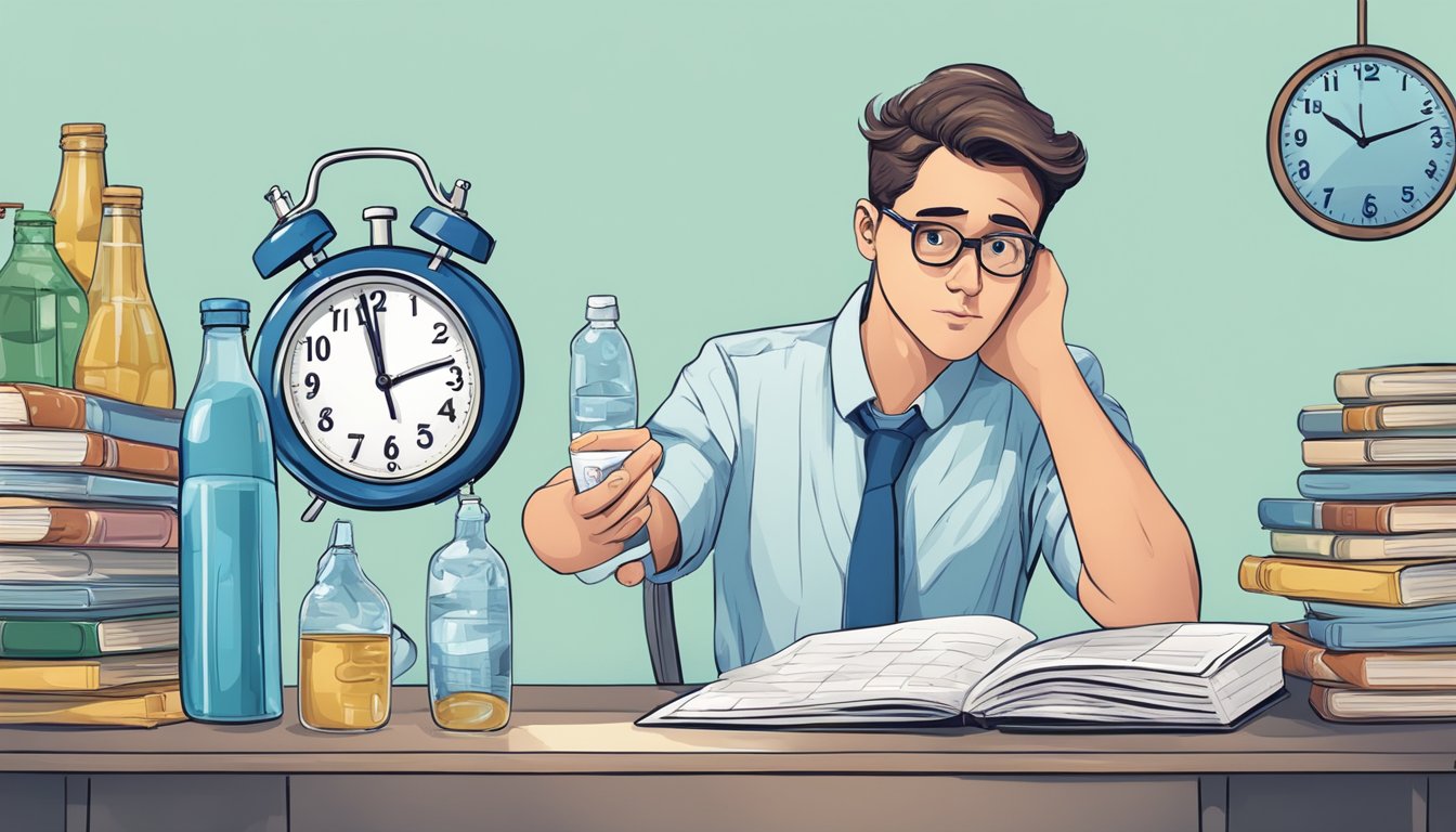 A person holding a calendar, looking puzzled while standing next to a clock and a bottle of water