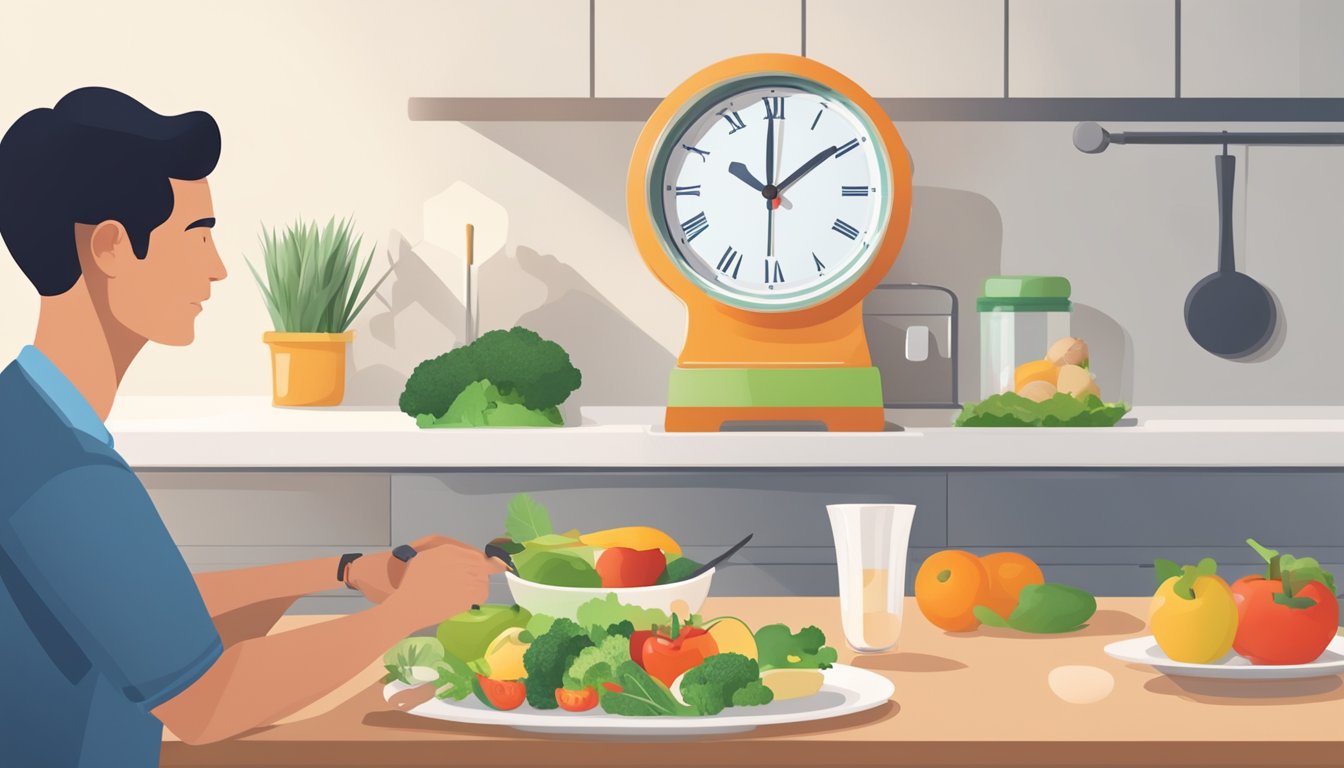 A person preparing a balanced meal with a clock in the background, symbolizing intermittent fasting and healthy lifestyle changes to prevent diabetes