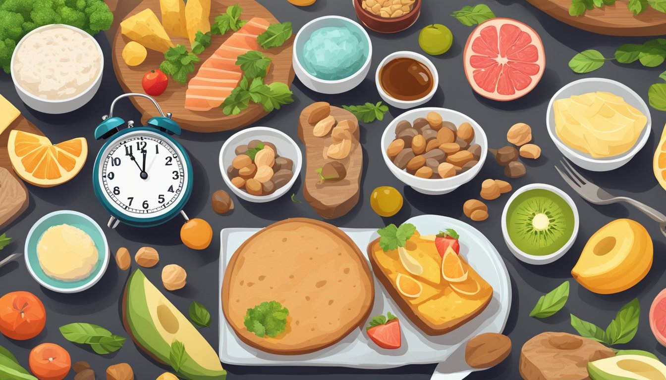 A table with various food items, a clock showing intermittent fasting hours, and a body in a state of ketosis, with high levels of ketones in the blood