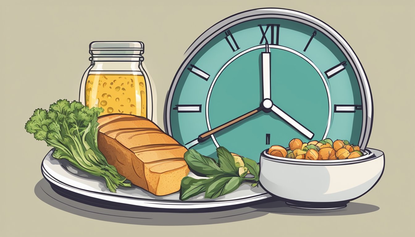 A clock with a plate of food beside it, representing the concept of intermittent fasting and its potential impact on metabolism