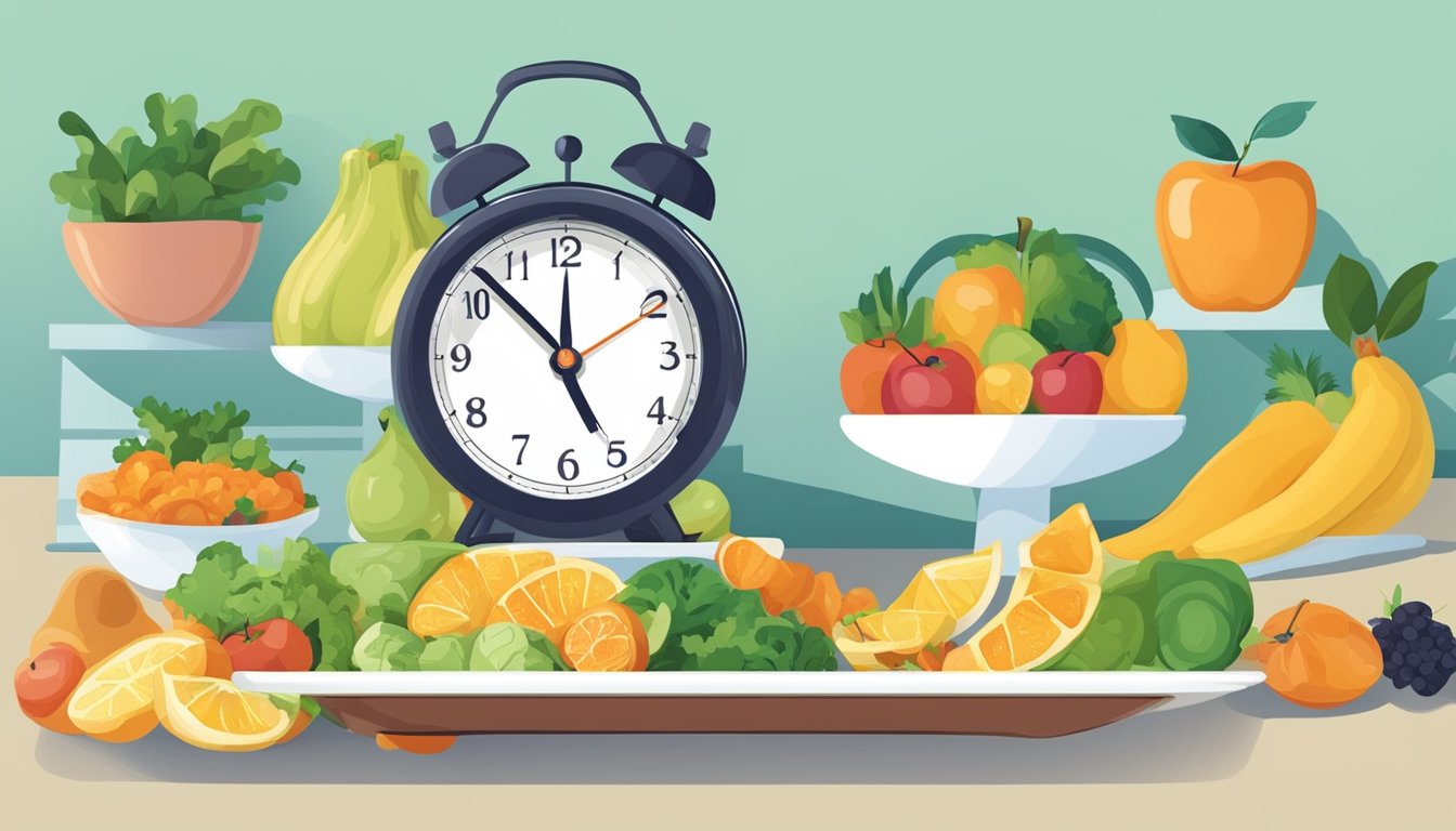 A clock showing 16 hours, a plate of healthy food, and a scale showing decreasing numbers