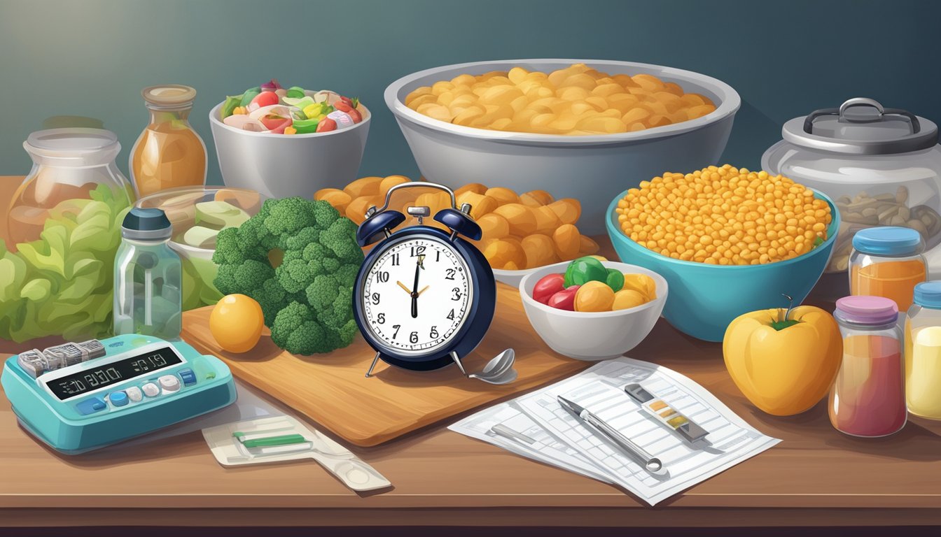 A kitchen table with a variety of food items, a clock showing different times, and a cholesterol test kit